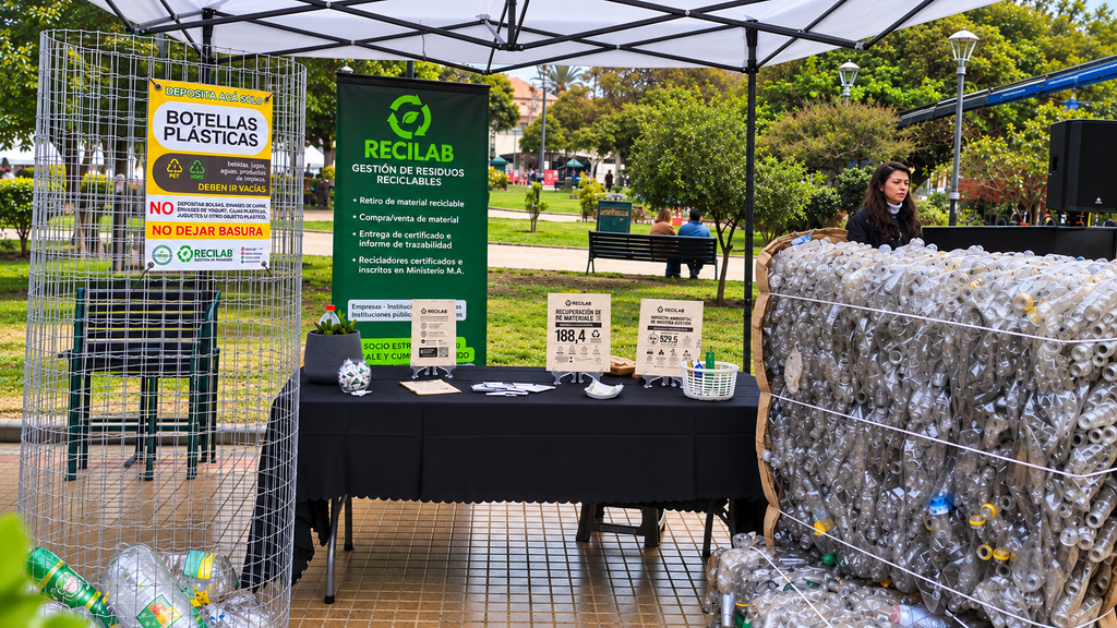 Stand de Recilab en feria de reciclaje en La Serena: gestión de residuos reciclables en la Región de Coquimbo